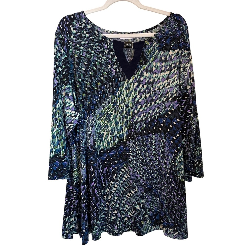 Susan Graver Liquid Knit 3X Tunic Blouse Multicolor Print 3/4 Sleeve Keyhole